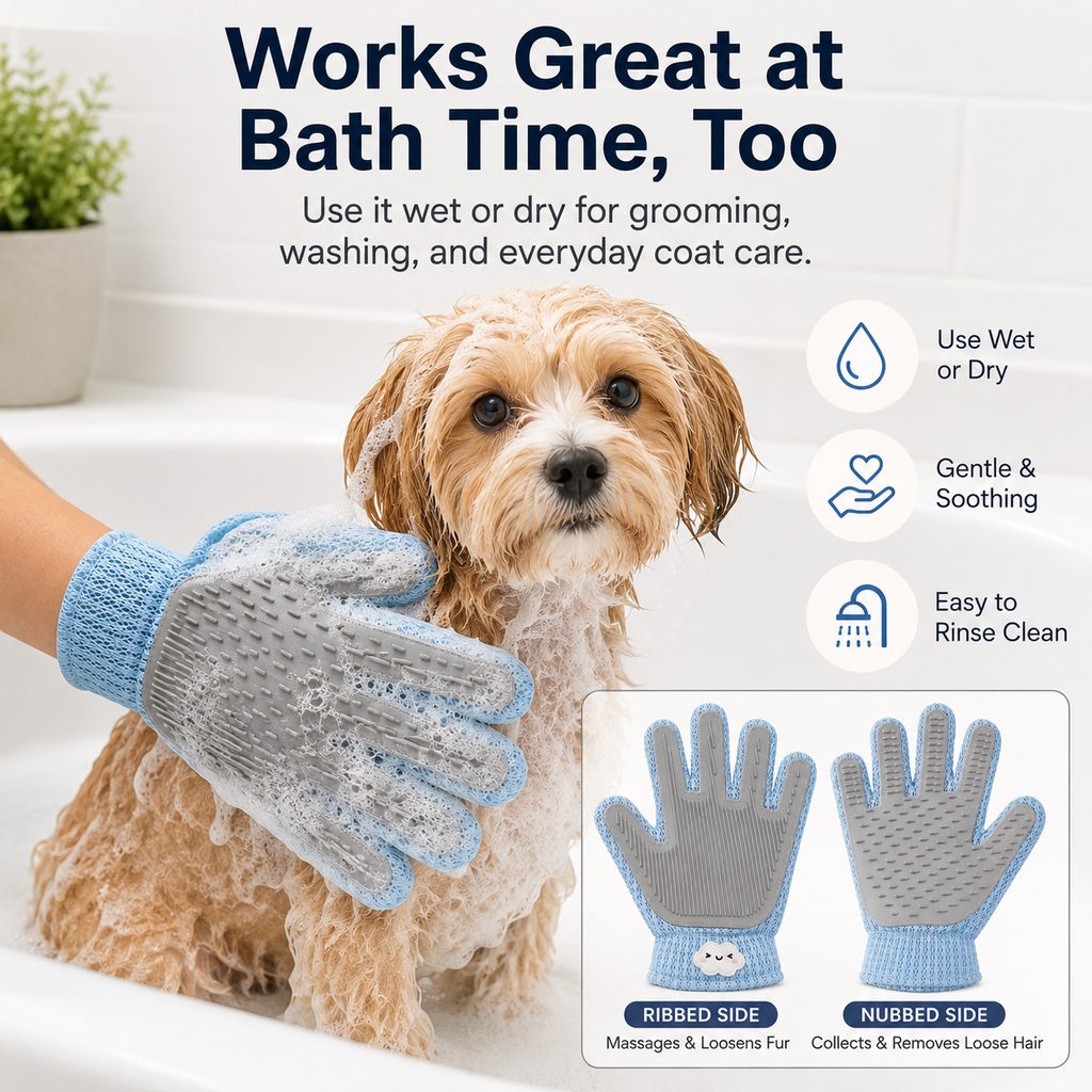 Ortekor Dual-Sided Pet Grooming Glove for Couch & Bath Time - Gentle Deshedding, Massage & Fur Cleanup for Cats &Dogs
