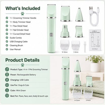 Ortekor 4-in-1 Cordless Pet Grooming Trimmer for Dogs & Cats - At-Home Paw, Face & Body Hair Touch-Ups for Nervous Pets