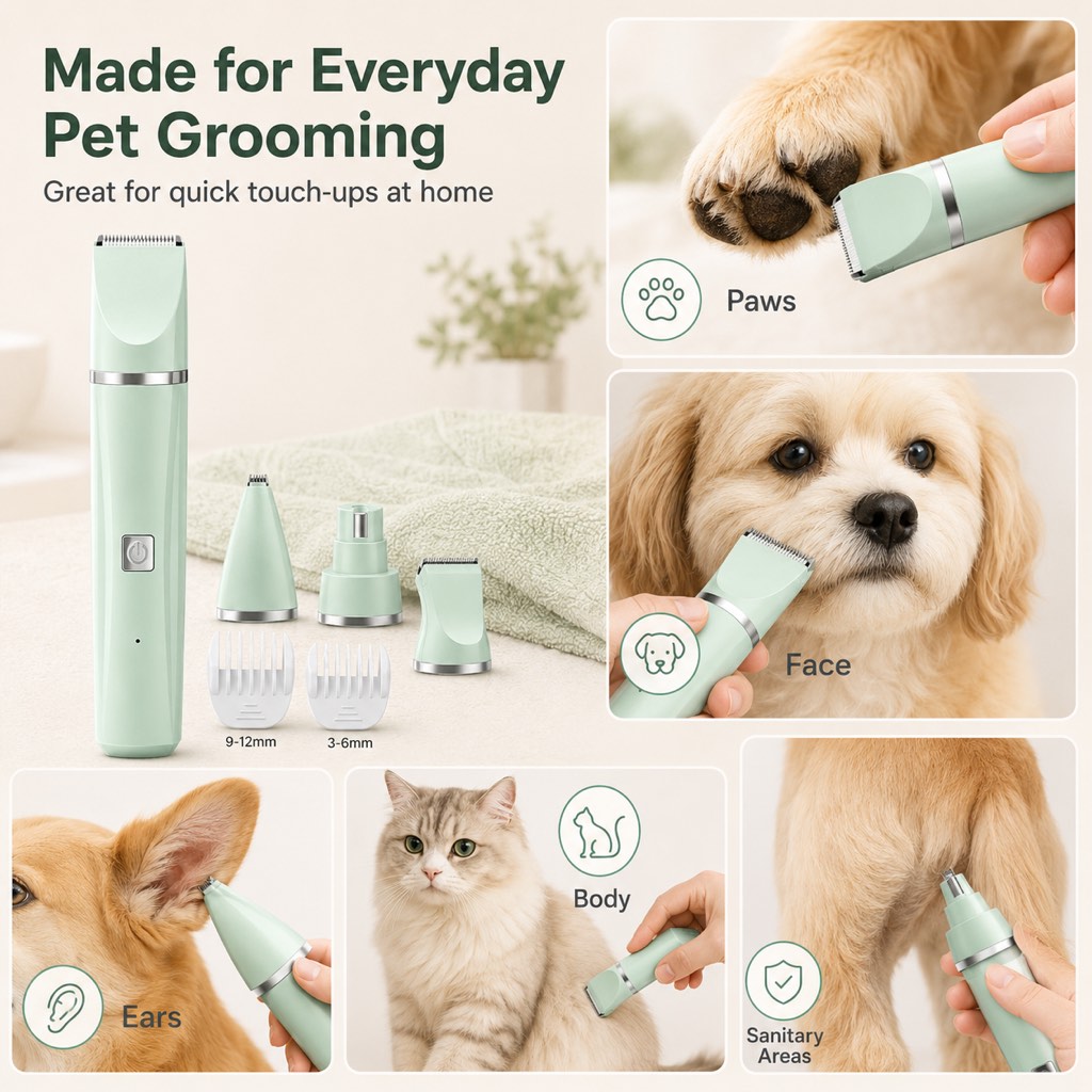 Ortekor 4-in-1 Cordless Pet Grooming Trimmer for Dogs & Cats - At-Home Paw, Face & Body Hair Touch-Ups for Nervous Pets