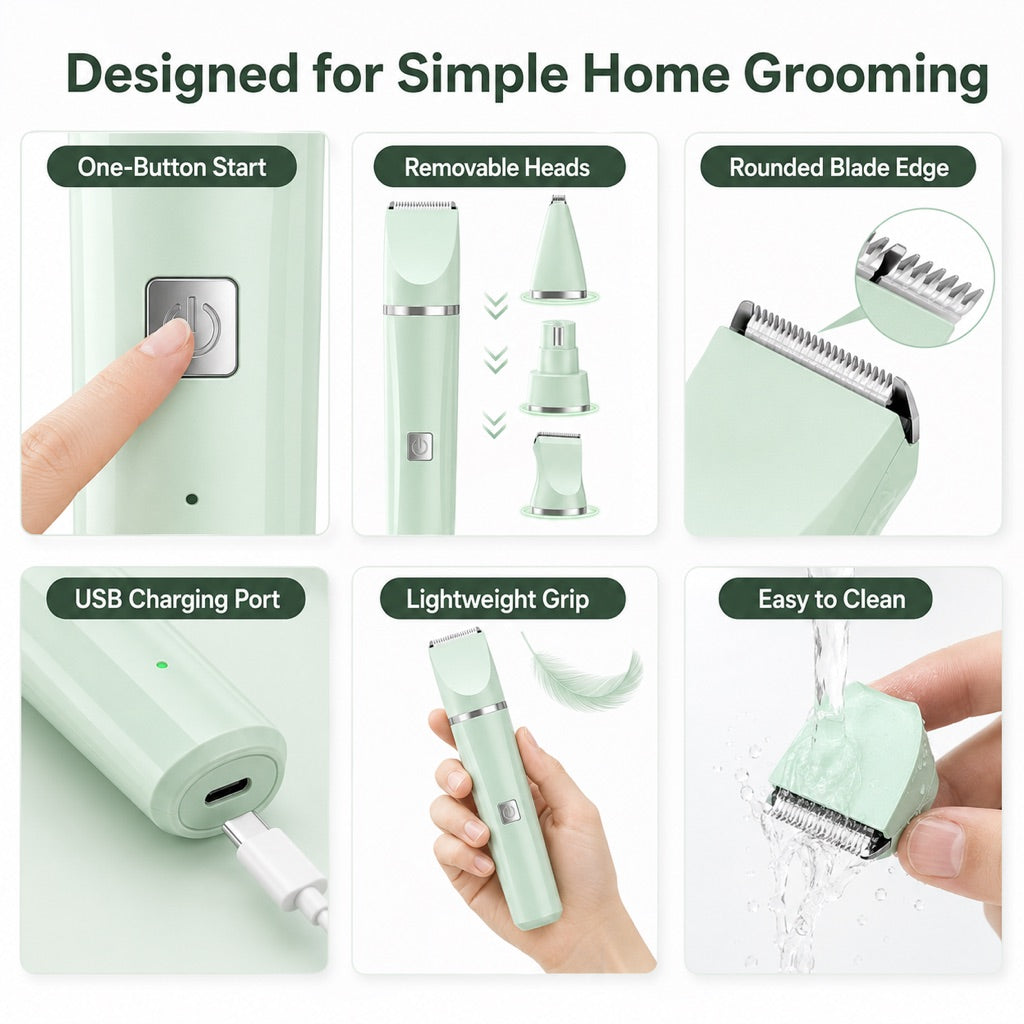 Ortekor 4-in-1 Cordless Pet Grooming Trimmer for Dogs & Cats - At-Home Paw, Face & Body Hair Touch-Ups for Nervous Pets