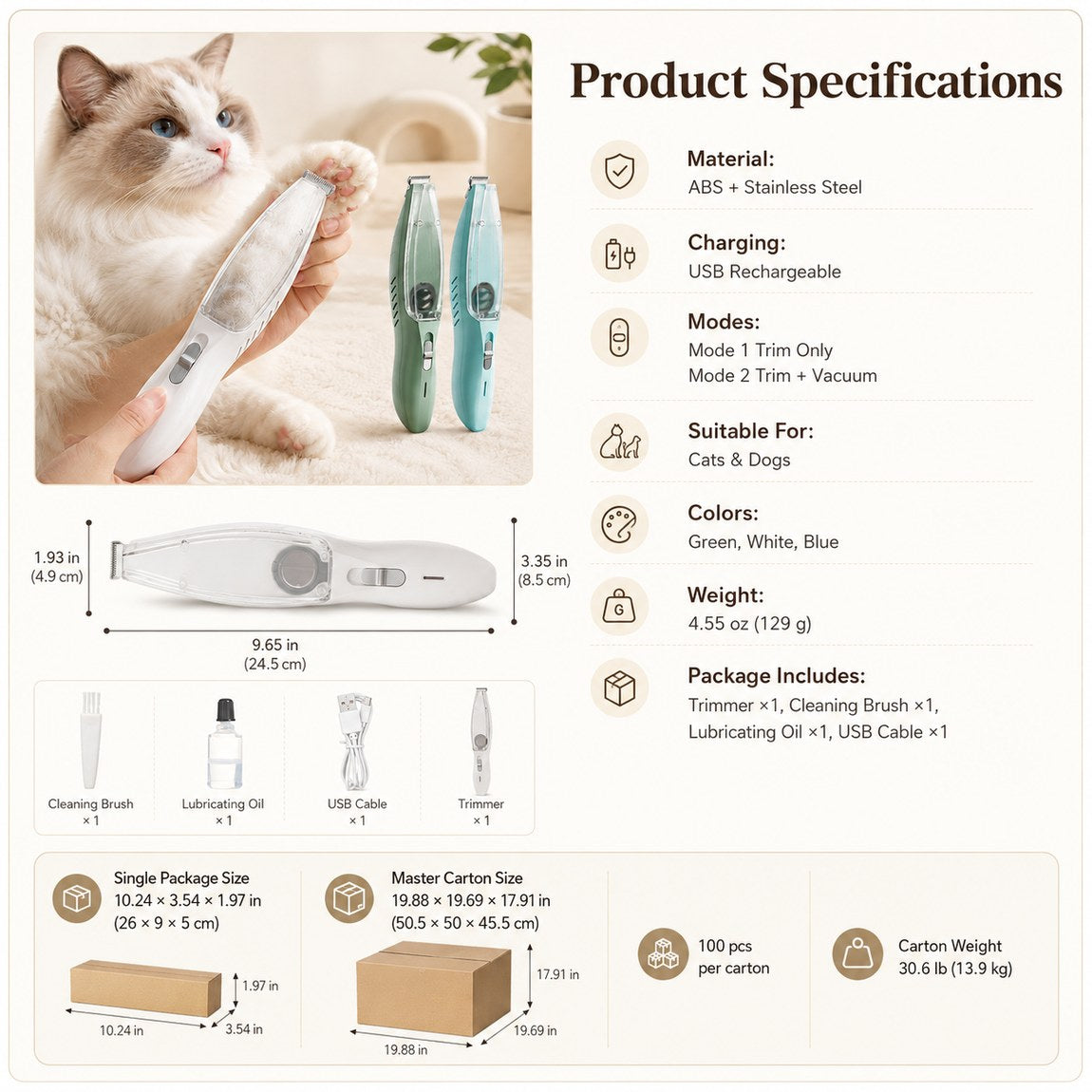 Ortekor Pet Paw Trimmer with Built-In Vacuum for Cats & Dogs - Low-Noise Detail Groomer for Paws, Ears & Loose Fur Cleanup