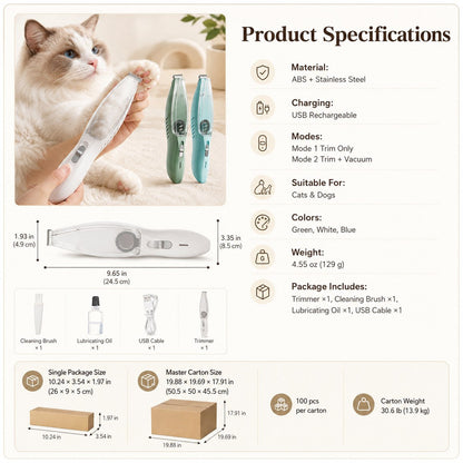 Ortekor Pet Paw Trimmer with Built-In Vacuum for Cats & Dogs - Low-Noise Detail Groomer for Paws, Ears & Loose Fur Cleanup