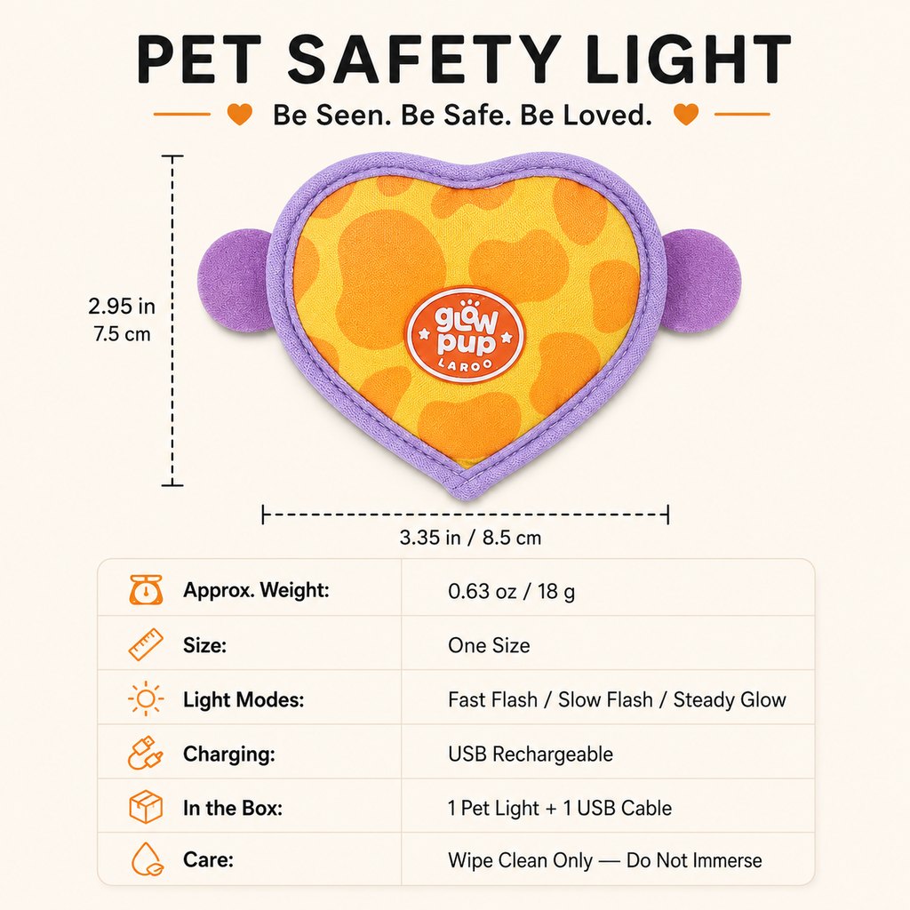 Ortekor Rechargeable Heart Pet Visibility Light for Evening Walks - Soft Wrap-On LED Patch for Collars, Harnesses & Leashes