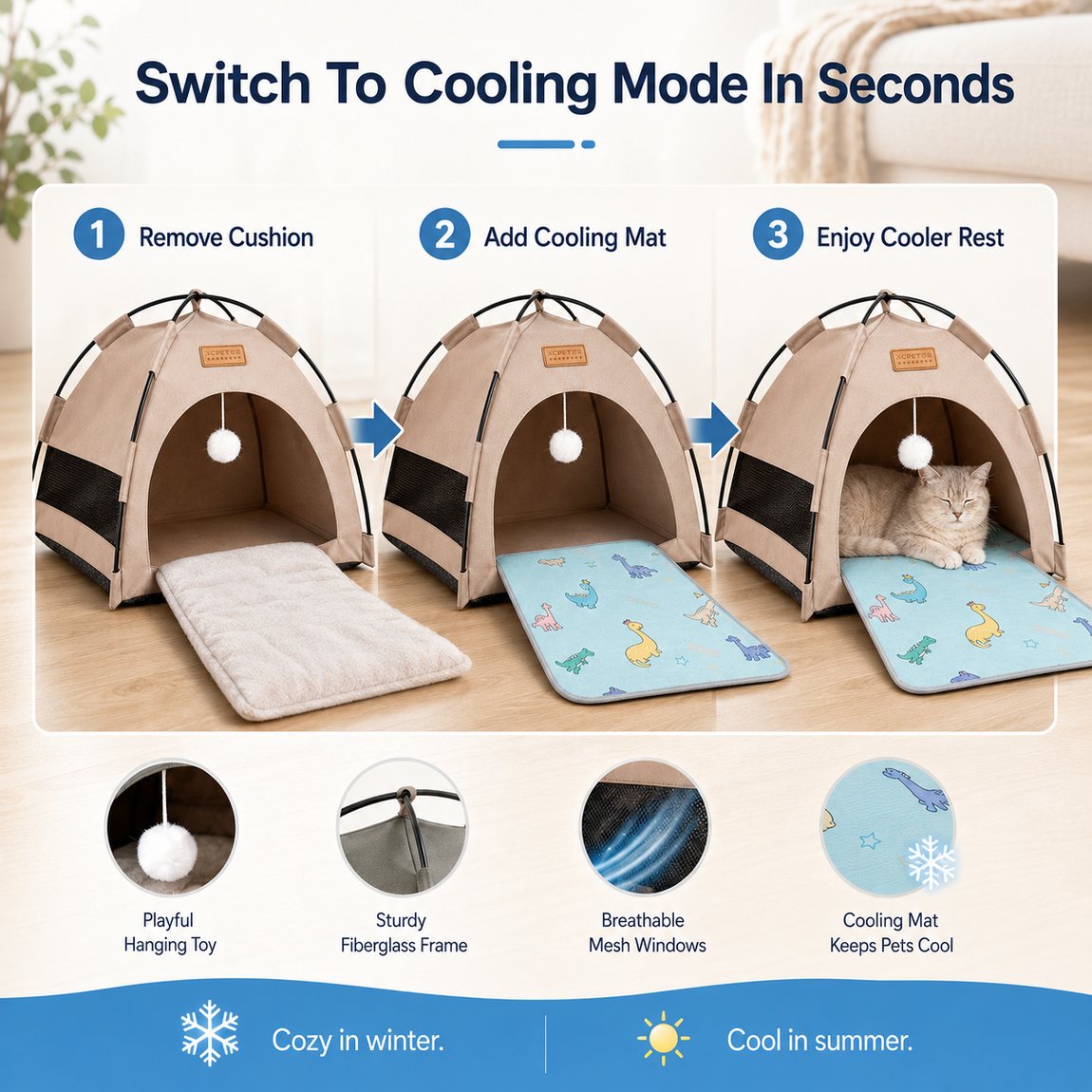 Ortekor Pet Tent Bed with Cooling Mat for Indoor Naps & Hot Weather — Foldable Private Hideaway for Cats, Kittens & Small Dogs