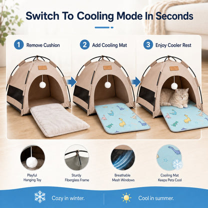 Ortekor Pet Tent Bed with Cooling Mat for Indoor Naps & Hot Weather — Foldable Private Hideaway for Cats, Kittens & Small Dogs