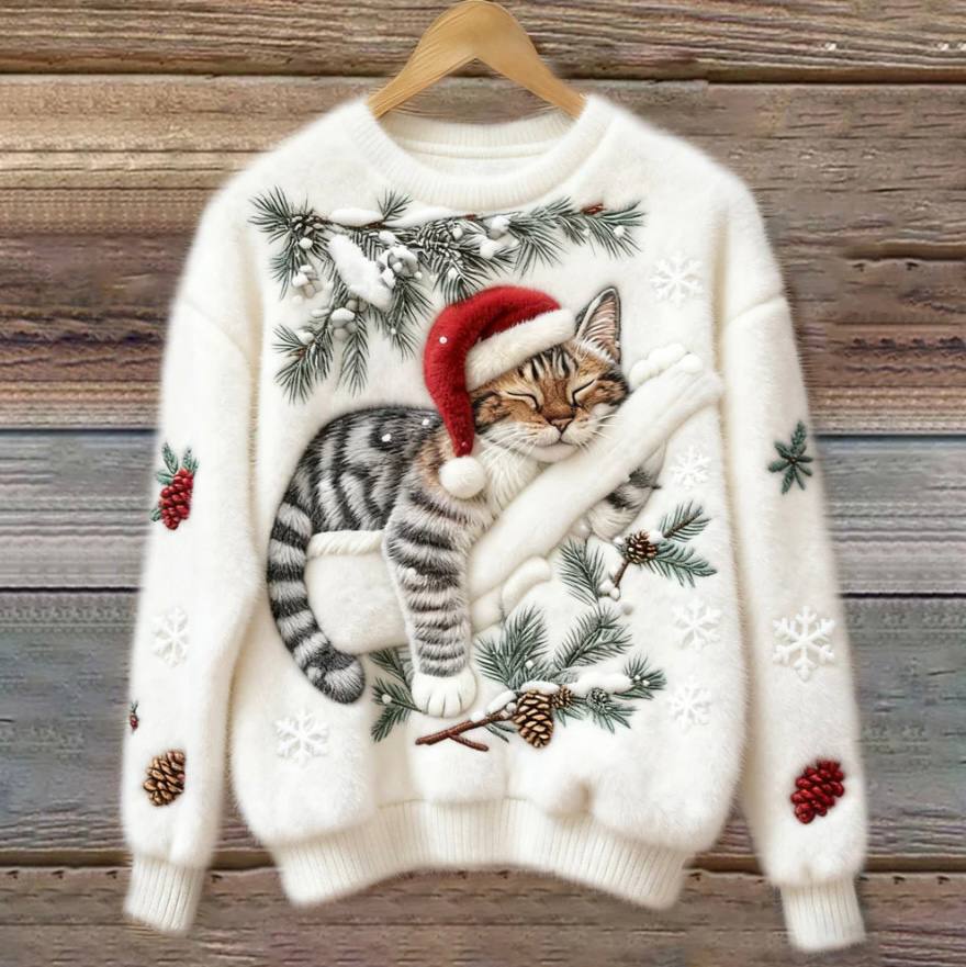 Fun Cat Holiday Sweater with 3D Design