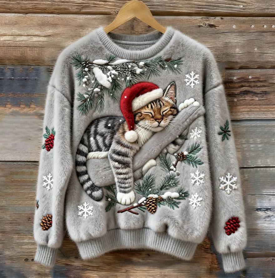 Fun Cat Holiday Sweater with 3D Design - Ortekor