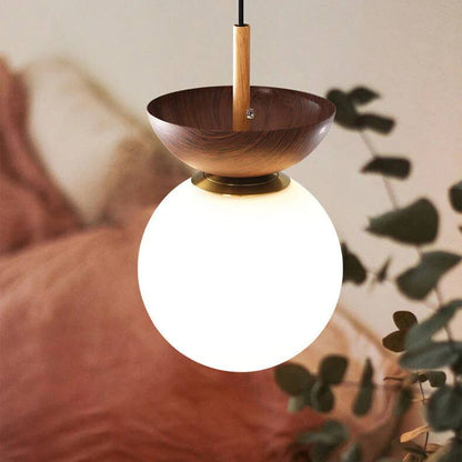 Round Wooden Pendant Glass Lamp