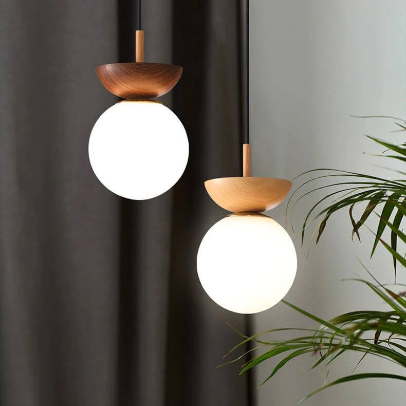 Round Wooden Pendant Glass Lamp