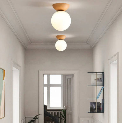 Round Wooden Pendant Glass Lamp