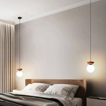 Round Wooden Pendant Glass Lamp