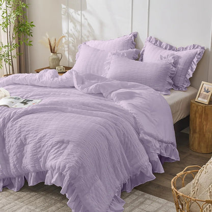 Textured Seersucker Duvet Cover Set with Lace Trim | 3-Piece Wrinkle-Free Bedding with Pillowcases | Lightweight Breathable Comforter