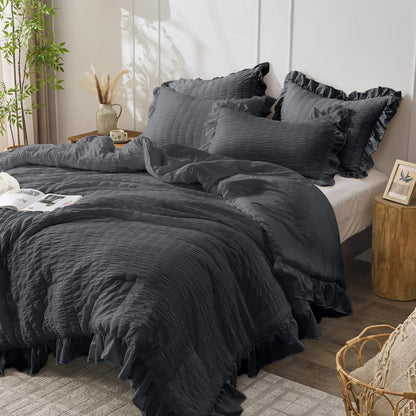 Textured Seersucker Duvet Cover Set with Lace Trim | 3-Piece Wrinkle-Free Bedding with Pillowcases | Lightweight Breathable Comforter