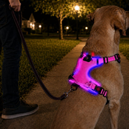 Ortekor Rechargeable LED Dog Harness for Night Walks - Back-Panel Glow & Reflective Webbing for Better Low-Light Visibility
