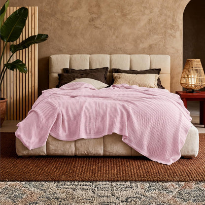 Cotton Throw Blanket for Bed, Waffle Weave Queen Size Blanket for All Seasons, Soft Breathable Cotton Blanket for Couch