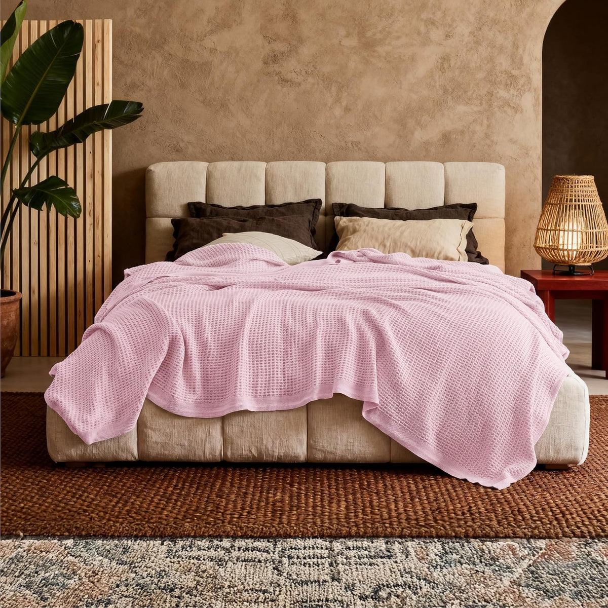 Pure Cotton Thermal Blanket – Queen 90×90 in – Textured Weave Layer for All Seasons – Lightweight & Breathable Throw for Bed or Sofa
