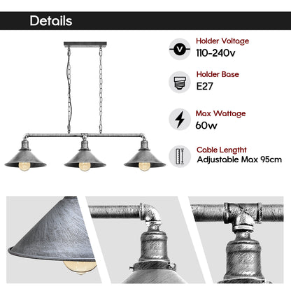 Triple Socket Industrial Overhead Fixture Metal 47 in × 40 in Rustic Red for Dining Kitchen Island Bar Restaurant Loft