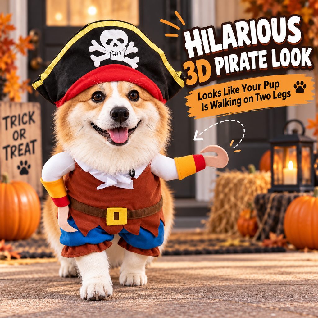 Ortekor Funny Pirate Dog Costume with Hat & Hook Arms - Complete Halloween Party & Photo Outfit for an Instant 3D Pirate Look