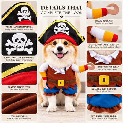 Ortekor Funny Pirate Dog Costume with Hat & Hook Arms - Complete Halloween Party & Photo Outfit for an Instant 3D Pirate Look