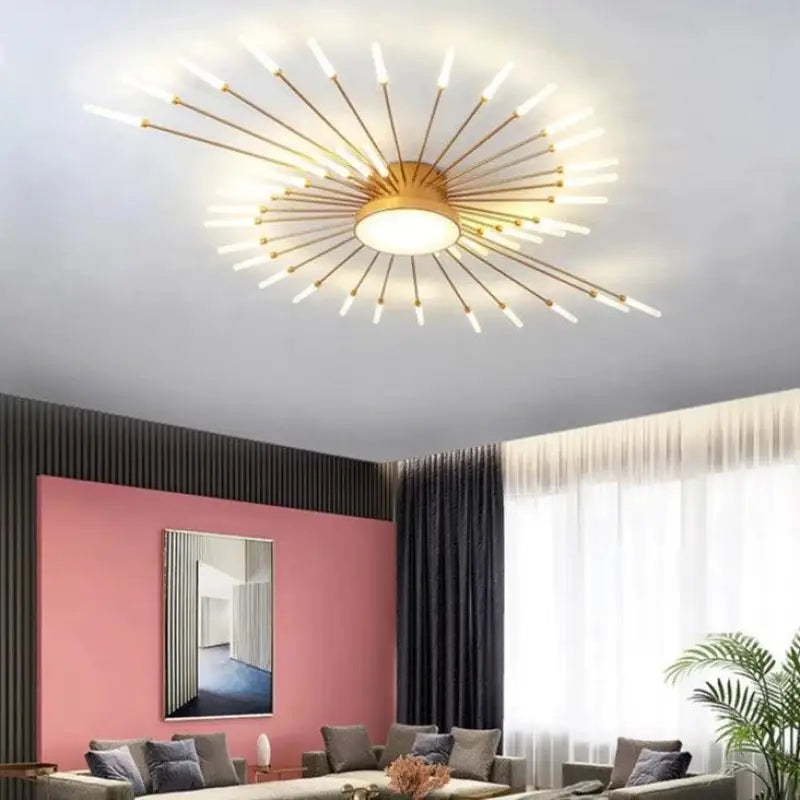 50W LED Radial Ceiling Light 50 in Diameter Gold Aluminum Multi-Arm Fixture for Large Living Rooms Open Layouts Dining Areas