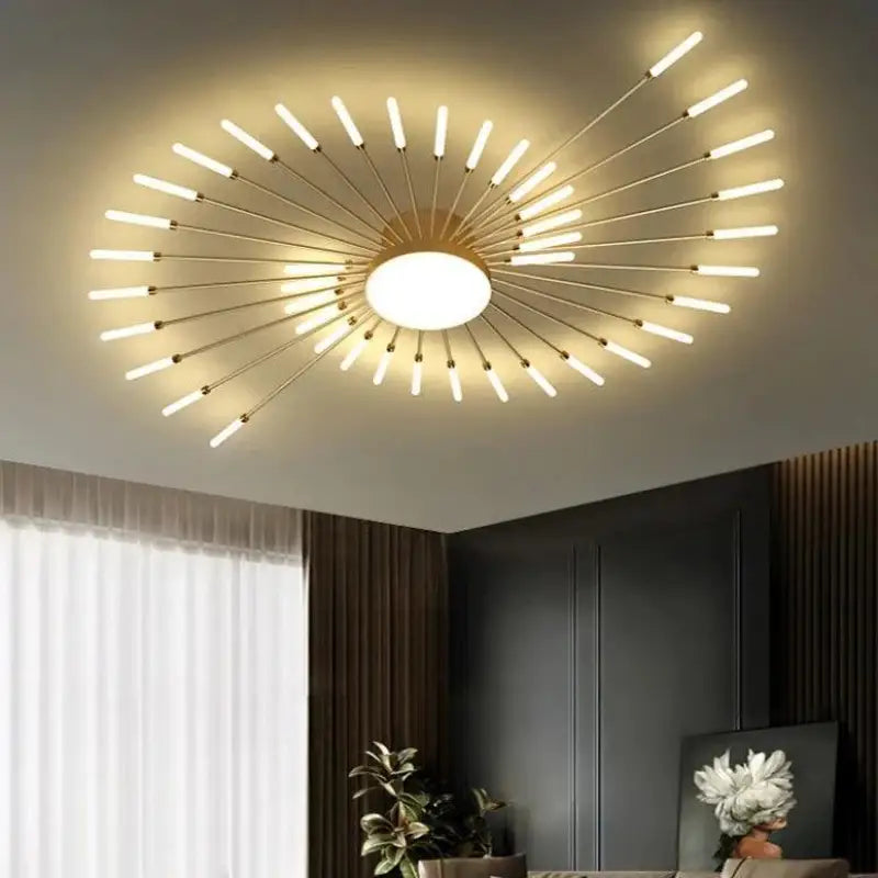 50W LED Radial Ceiling Light 50 in Diameter Gold Aluminum Multi-Arm Fixture for Large Living Rooms Open Layouts Dining Areas