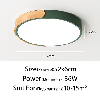 Modern Round LED Ceiling Light with Wood Accent Trim – Dimmable Flush Mount for Kitchen, Bedroom, Office & Living Room