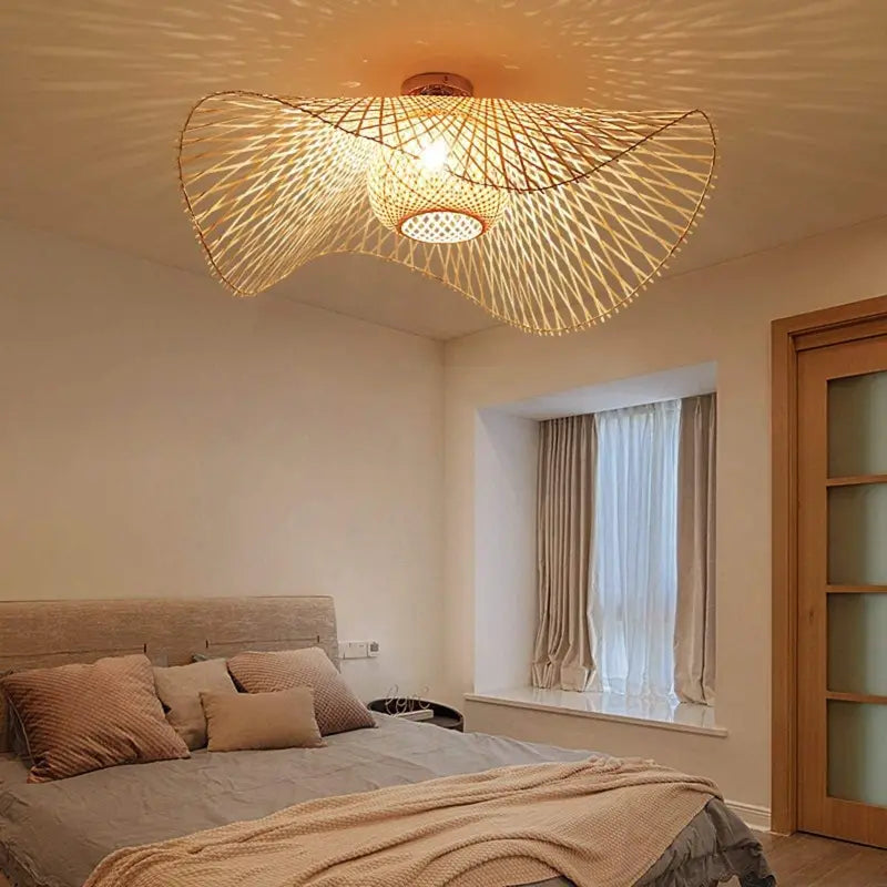 Handwoven Natural Fiber Flush Mount Light 18 Inch Round Beige Dome Shade for Bedroom Living Room Hallway | E27 Socket Warm White Included