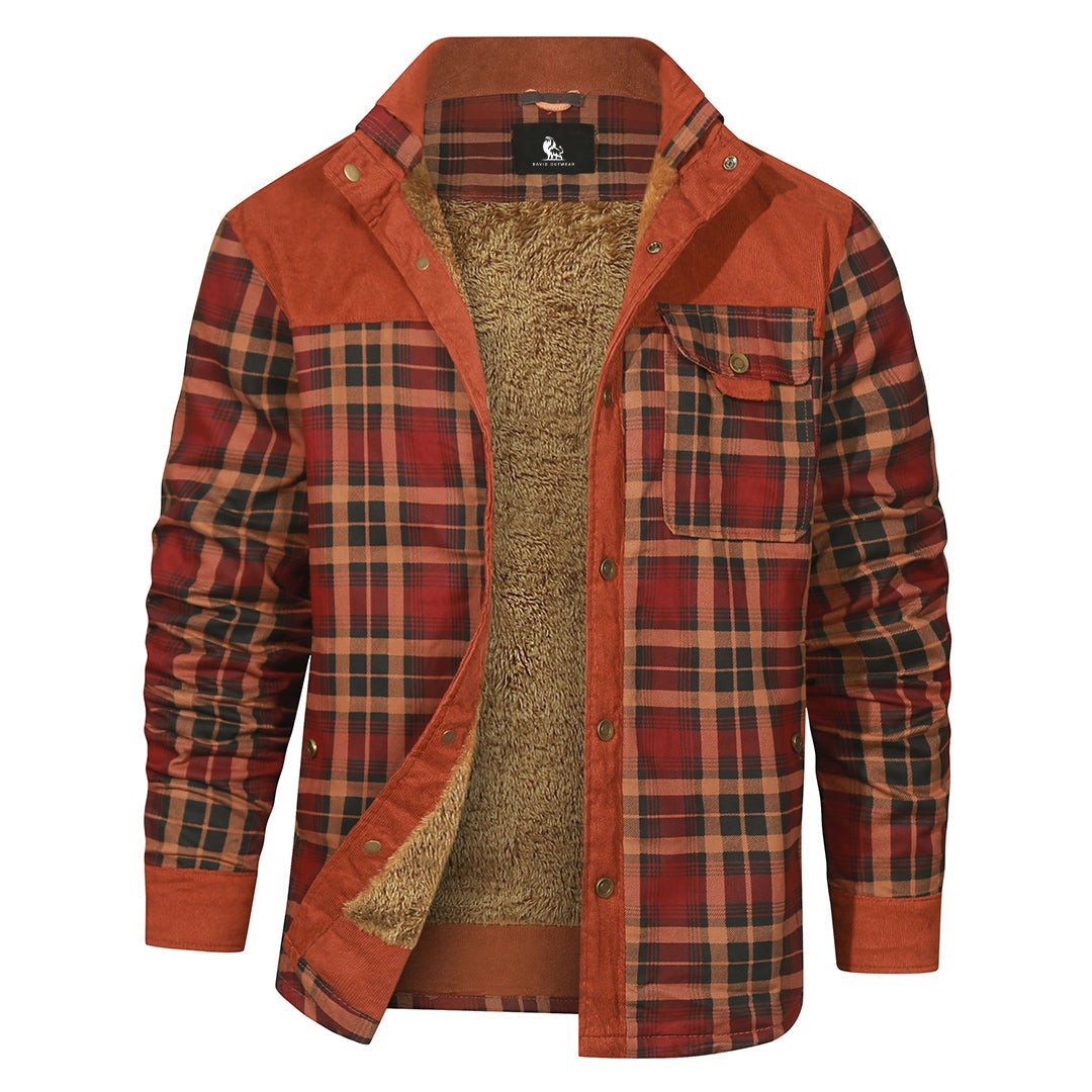 Checkered Button-Up Overshirt for Men – Heavyweight Cotton Blend Shacket with Chest Pockets – Red Plaid