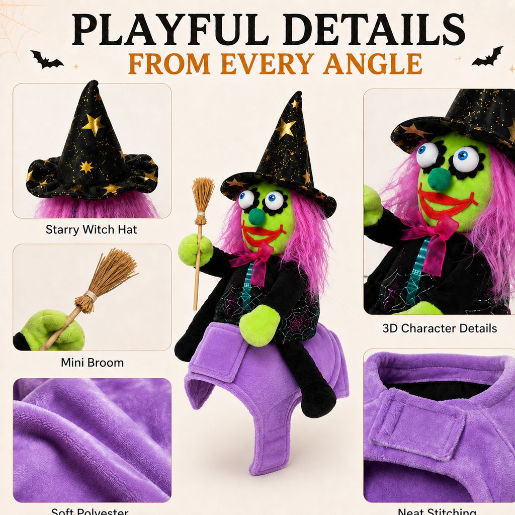 Ortekor 3D Witch Rider Halloween Pet Costume for Trick-or-Treating, Parties & Photos – Instant Funny Look for Dogs & Cats