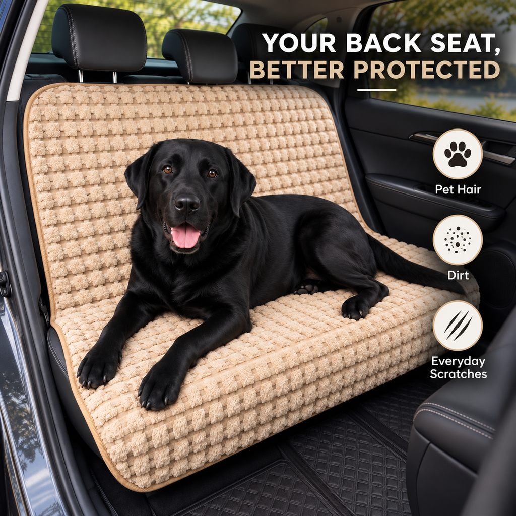 Ortekor Plush Dog Car Seat Cover for Back Seat - Cozy Bench Seat Protector for Pet Hair, Dirt & Everyday Scratches