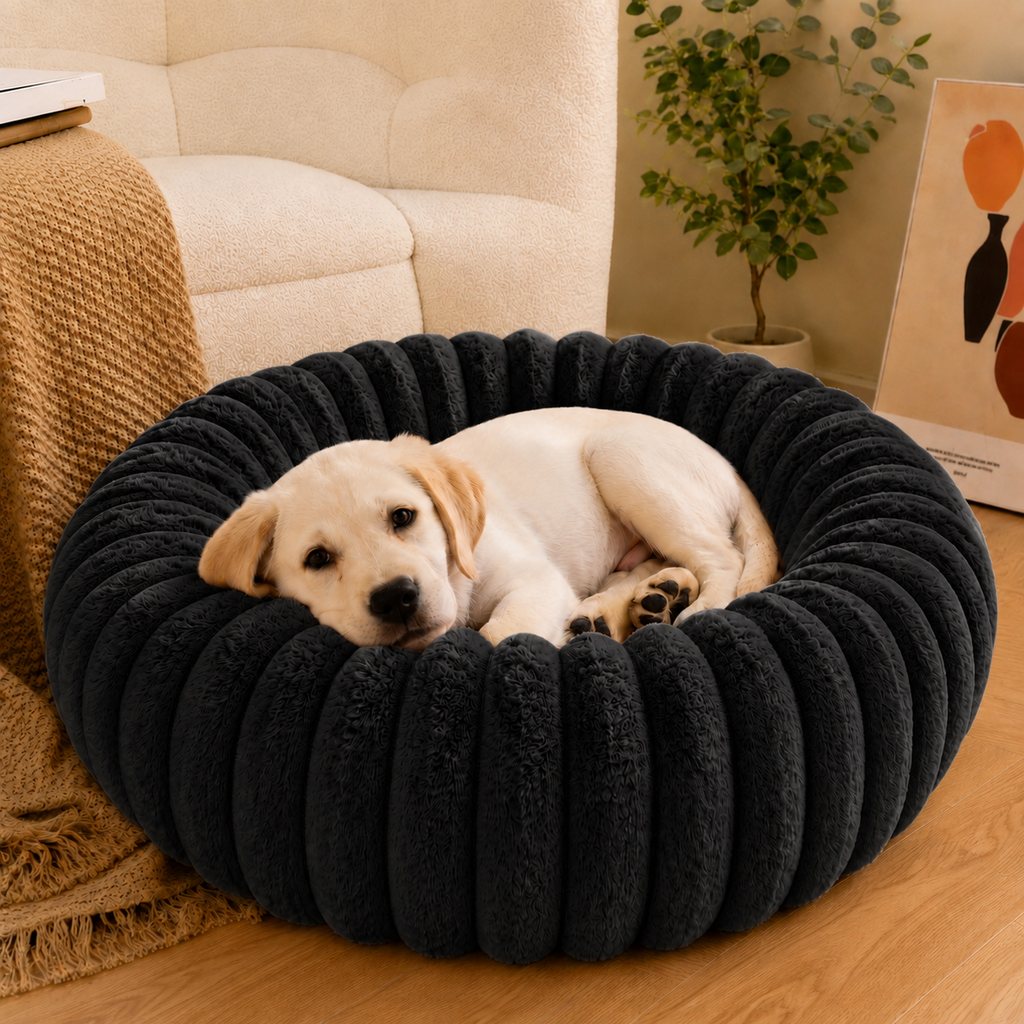 Ortekor Plush Donut Dog & Cat Bed with Raised Rim - Cozy Ribbed Lounger for Naps & Everyday Rest