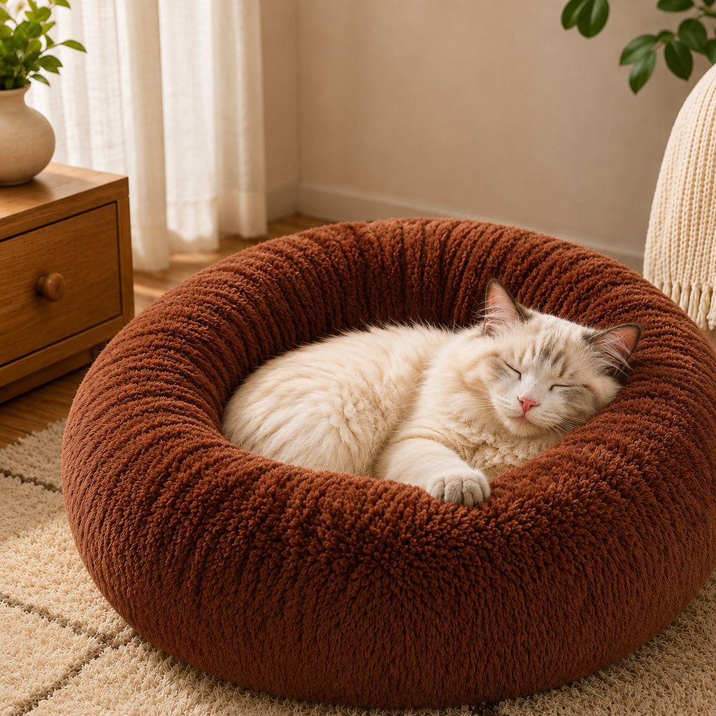 Ortekor Plush Donut Pet Bed for Cats & Small Dogs - Warm Cozy Nest for Cold Floors