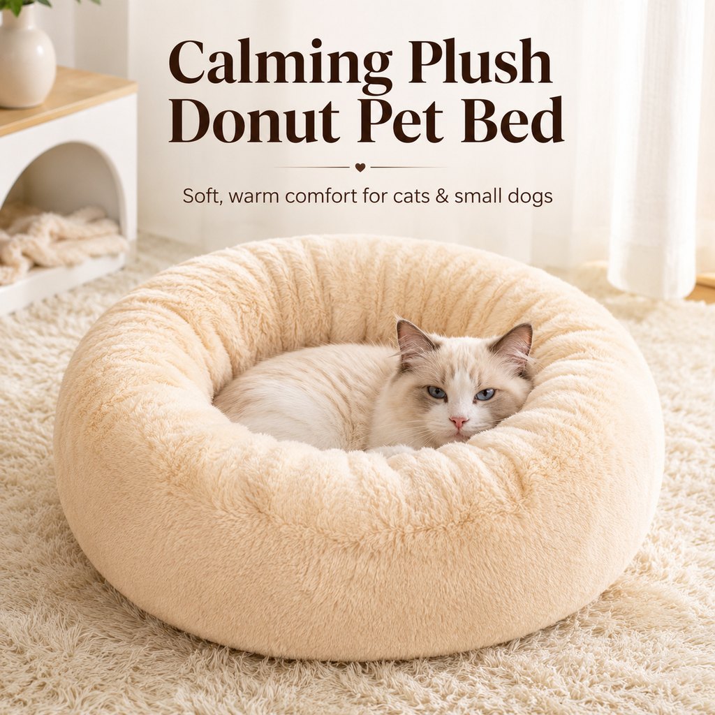 Ortekor Plush Donut Pet Bed for Cats & Small Dogs - Warm Cozy Nest for Cold Floors