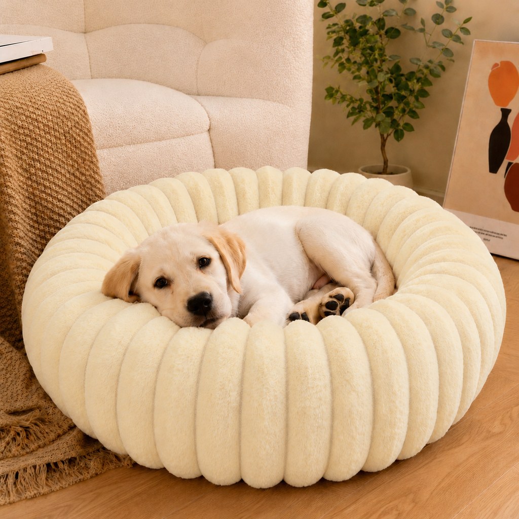 Ortekor Plush Donut Dog & Cat Bed with Raised Rim - Cozy Ribbed Lounger for Naps & Everyday Rest