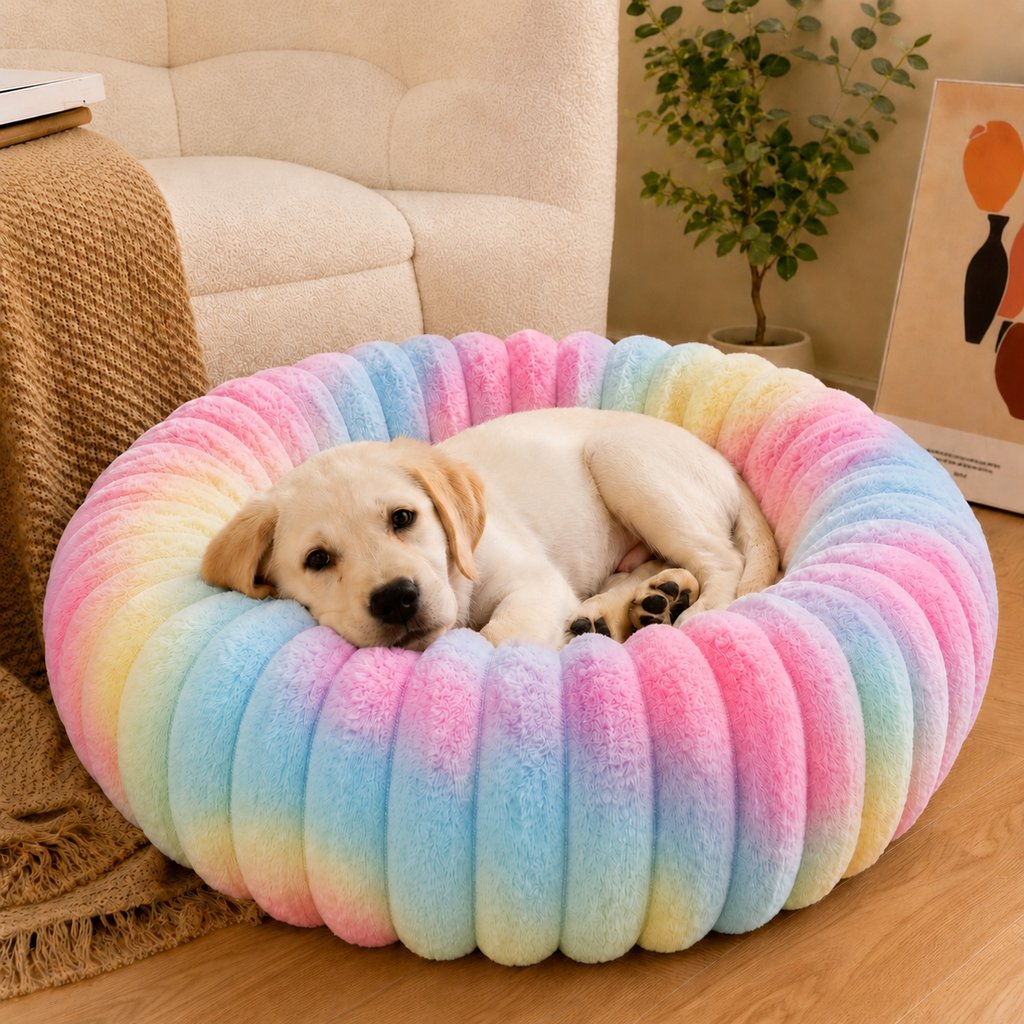 Ortekor Plush Donut Dog & Cat Bed with Raised Rim - Cozy Ribbed Lounger for Naps & Everyday Rest