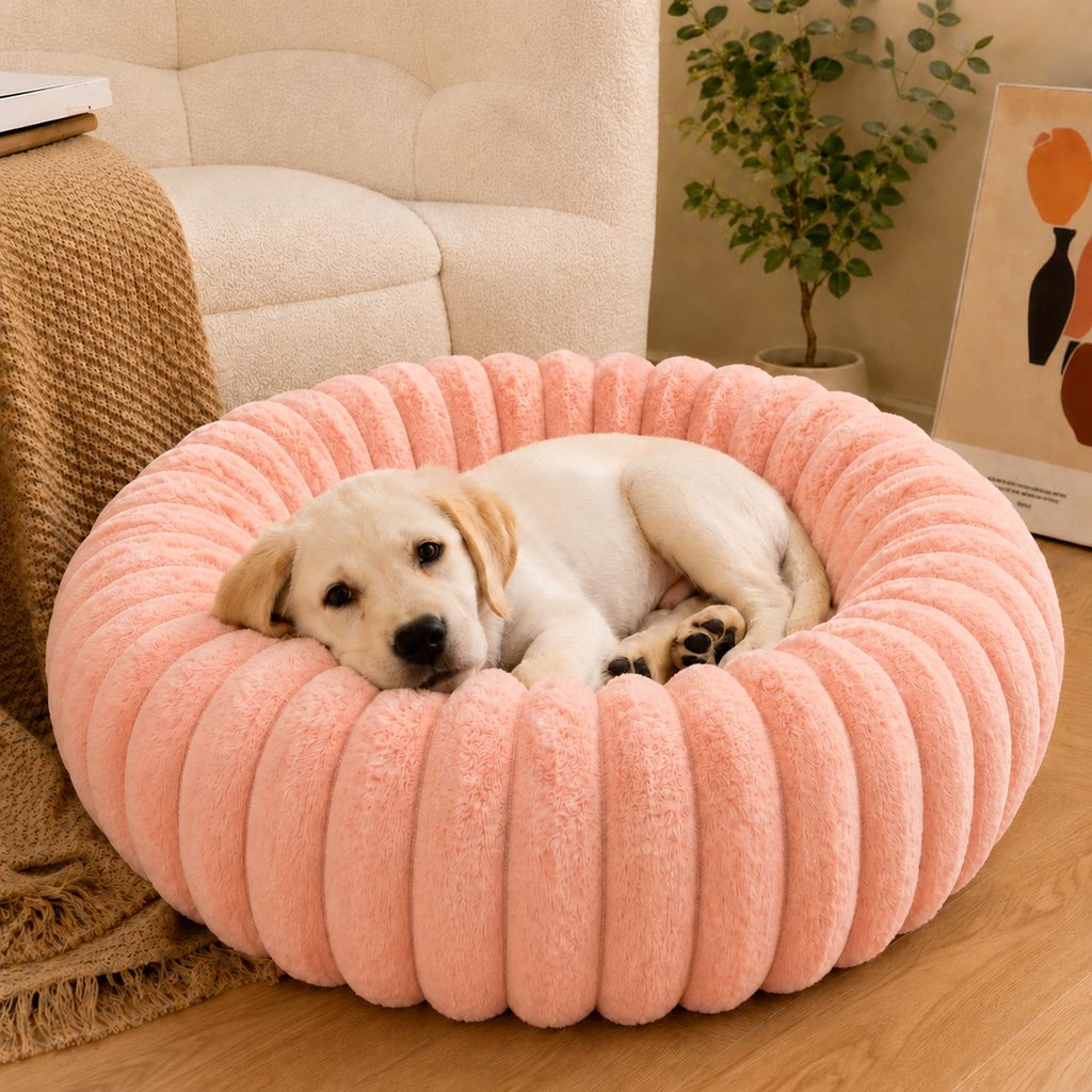 Ortekor Plush Donut Dog & Cat Bed with Raised Rim - Cozy Ribbed Lounger for Naps & Everyday Rest