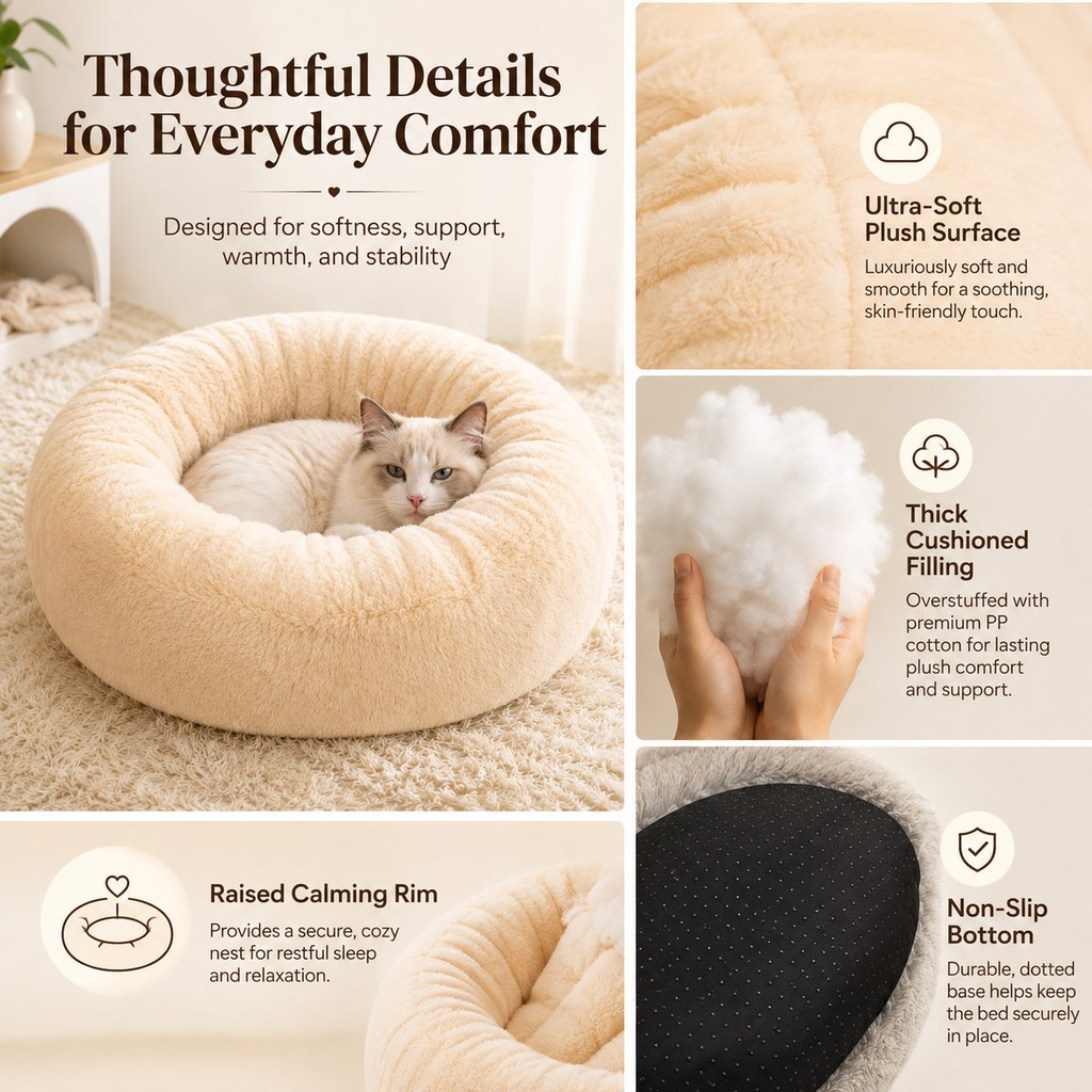 Ortekor Plush Donut Pet Bed for Cats & Small Dogs - Warm Cozy Nest for Cold Floors