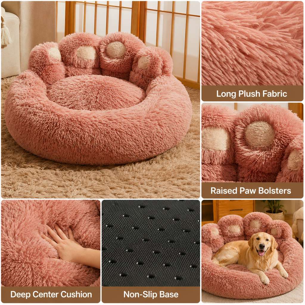 Ortekor Plush Paw-Shaped Dog Bed for Indoor Sleeping - Raised Bolster Support for Cold Hard Floors