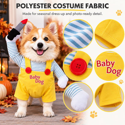 Ortekor Funny Horror Doll Dog Halloween Costume with Faux Knife - 3D Party & Photo Outfit for an Instant Spooky Look