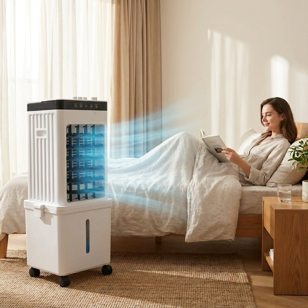 Compact Evaporative Air Cooler with Dehumidifier Function and Fan Modes for Bedrooms, Home Office, Apartments, Remote Control, Wheels, 320
