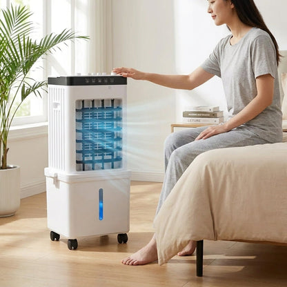 Compact Evaporative Air Cooler with Dehumidifier Function and Fan Modes for Bedrooms, Home Office, Apartments, Remote Control, Wheels, 320