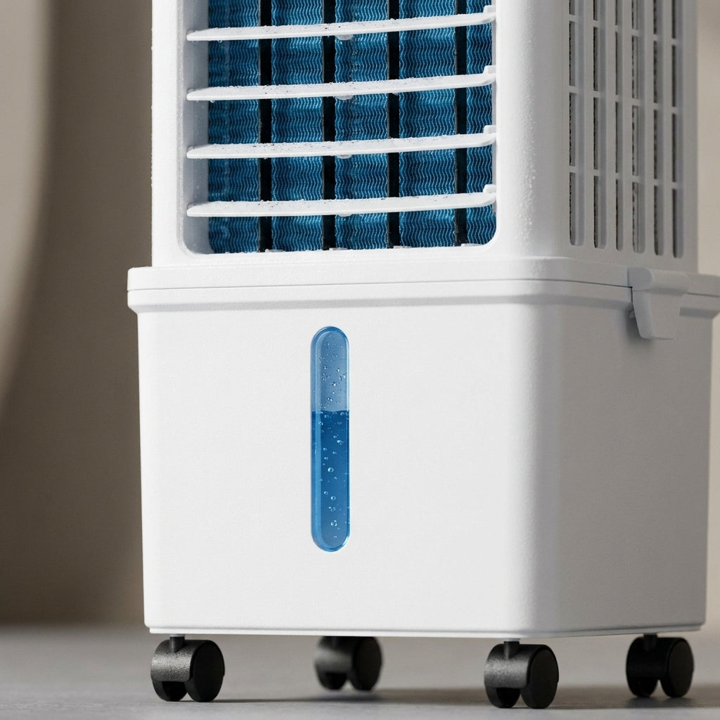 Compact Evaporative Air Cooler with Dehumidifier Function and Fan Modes for Bedrooms, Home Office, Apartments, Remote Control, Wheels, 320