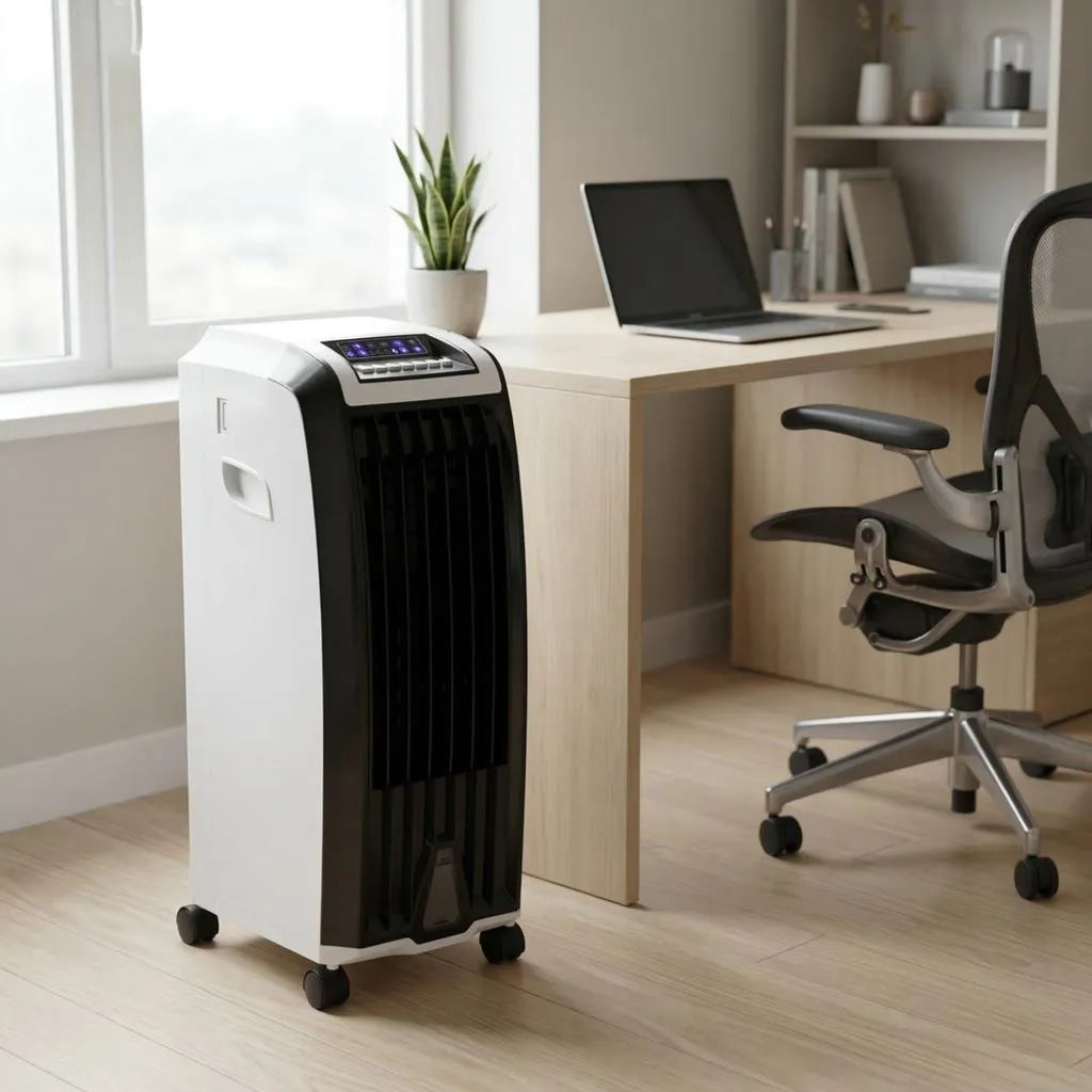 Evaporative Air Cooler with Wheels – Portable Cooling Fan Tower with Water Tank for Bedroom & Home Office