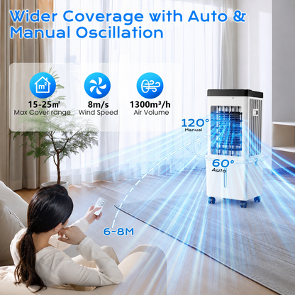 12-Liter Portable Evaporative Cooler with Remote Control & 24-Hour Timer for Bedrooms, Living Rooms, Home Office, Efficient Air Cooling