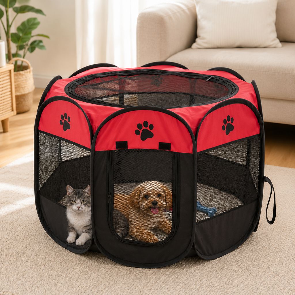 Ortekor Portable Foldable Dog & Cat Playpen for Home, Travel & Camping - Breathable Space-Saving Pet Pen with Carry Bag