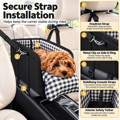 Ortekor Portable Pet Console Car Seat Carrier for Small Dogs & Cats - Front Seat Travel Solution with Secure Straps and Cozy Cushion