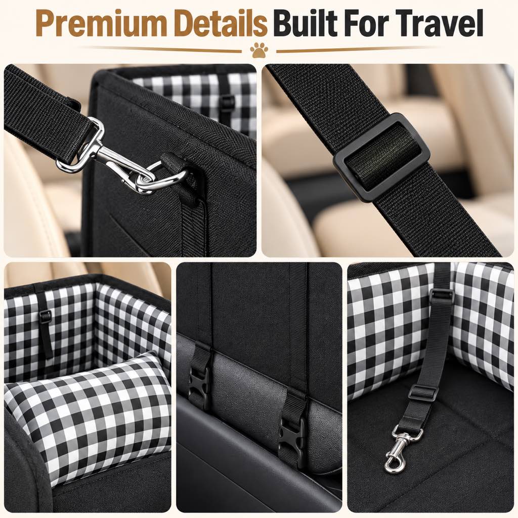 Ortekor Portable Pet Console Car Seat Carrier for Small Dogs & Cats - Front Seat Travel Solution with Secure Straps and Cozy Cushion