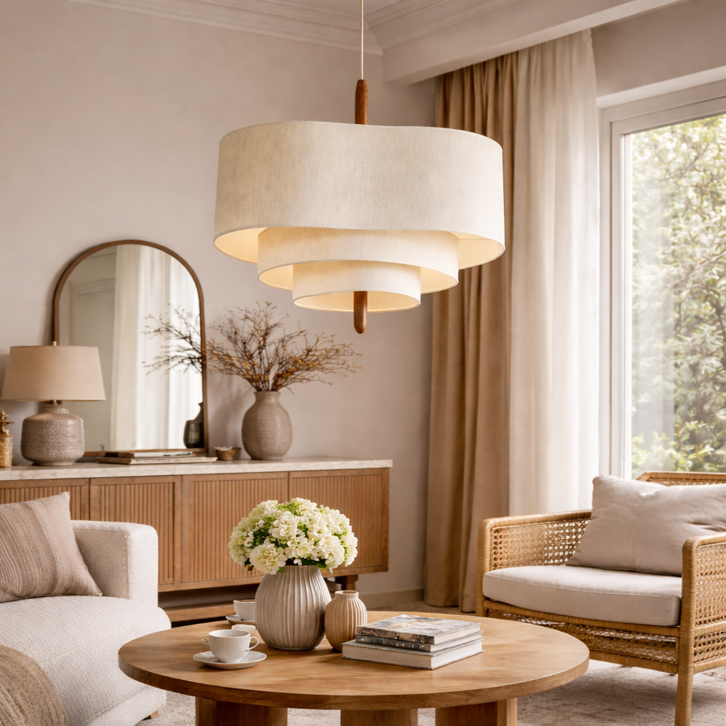 Layered Fabric Ceiling Light 23 in Beige with Wood Accent for Dining Room | Natural Texture Drop Lamp E27 Socket Adjustable Cord Height | Wa