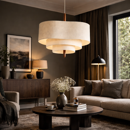 Layered Fabric Ceiling Light 23 in Beige with Wood Accent for Dining Room | Natural Texture Drop Lamp E27 Socket Adjustable Cord Height | Wa