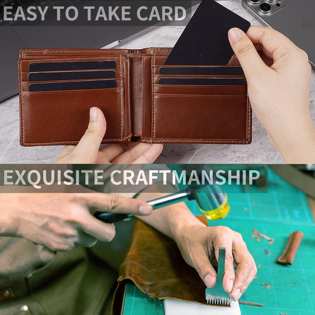 Genuine Leather Bifold Wallet with RFID Protection for Men – 16 Card Slots ID Window Cash Holder Classic Fold Design Slim Everyday Carry Poc